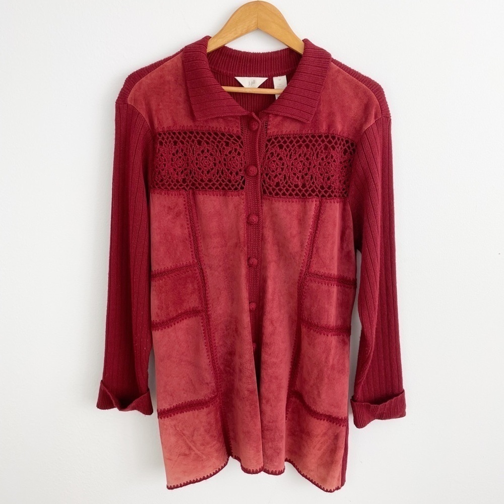 J. Jill Wool Suede Crochet Leather Patchwork Vintage Sweater Cardigan M